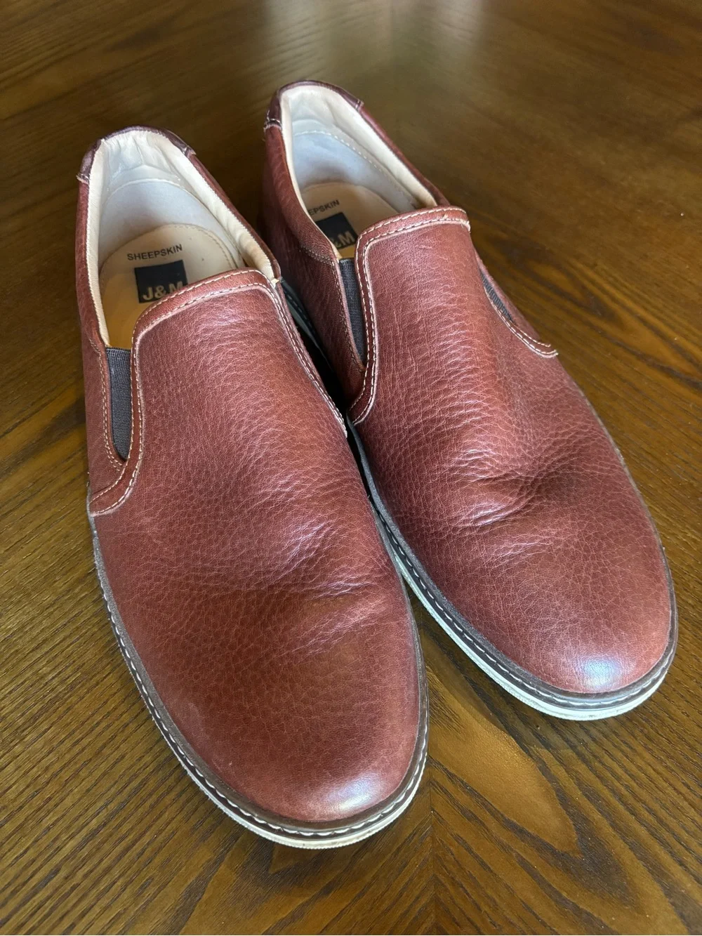 J&M Men’s Brown Leather Slip-On Loafers Sneakers Sheepskin Lined Shoes Size 10M